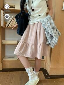 日系休闲黑色A字裙，带口袋，简约设计，显年轻。 - 粉色 - 查看 1