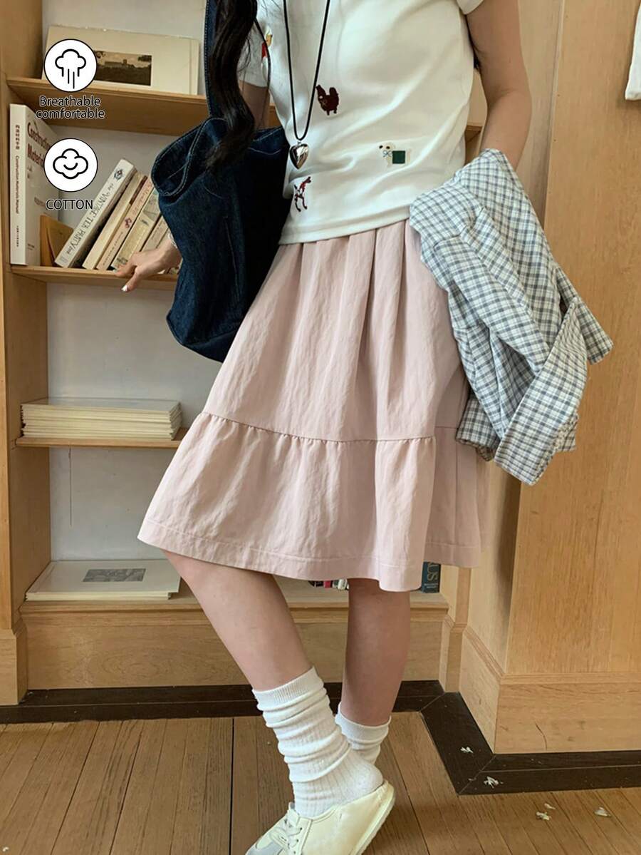 日系休闲黑色A字裙，带口袋，简约设计，显年轻。 - 粉色 - 查看 1