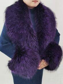 3 piezas Tela Elegante Sin Cuello y puños de piel Otoño e Invierno - Morado - Ver 3