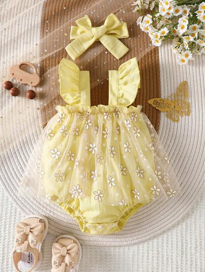 1pc Girls/Toddlers Casual Solid Color Soft & Comfortable Woven Fabric Patchwork Floral Pattern Mesh Headband Bodysuit, Suitable For Outdoor Wear, Spring/Summer