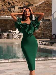ADYCE Off Shoulder Exaggerated Ruffled Mesh Stitching Tight High-Waist Cocktail Party Mid-Length Bandage Dress, Elegant Prom Semi Formal Wedding Guest Dress, For Birthday, Graduation, Dinner, Homecoming Spring - Green - View 6