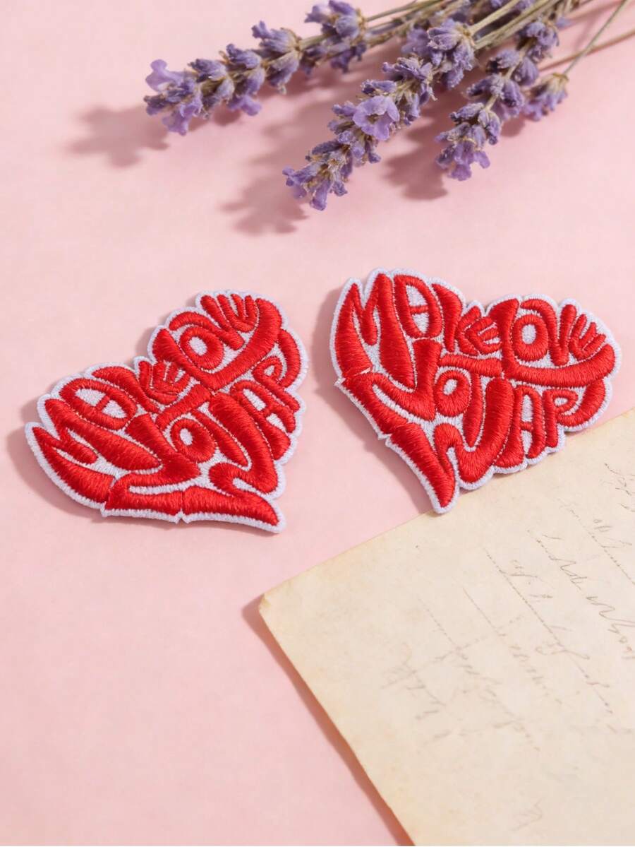 1 Piece/2 Pieces Of Red Heart-Shaped Ironing Patches, Sewing Cartoon Style Embroidery Application, DIY Crafts For Clothing, Shoes, And Handbags. Cute Style Embroidery Patch - Heart-shaped - View 1