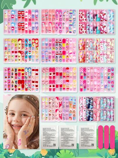 NAIO 120pcs(5 Styles)Pack Small Size Kids Press On Nails Acrylic False Nails Stick On Full Cover Rainbow Love Cute Cartoon Glossy Press On Nails Set Short Oval False Nails Set, Press On Nails Manicure Decoration Gifts And 3 Pieces Of Tape And 3 Pieces Of Nail Files Nail Supplies