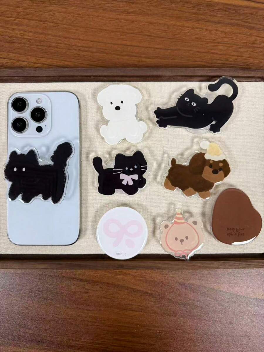 Soporte adhesivo para teléfono móvil con diseño de gato y perro de dibujos animados, agarre de teléfono flexible, soporte plegable multifunción con cojín de aire - Multicolor - Ver 1