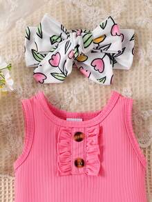2pcs/Set Cute & Sweet Baby Girls Pink Romper + Printed Shorts Set, Spring/Summer - Hot Pink - View 5
