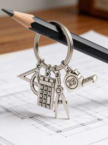 1pc Cute Stationery Charms Keychain Ruler Compass Calculator Tape Measure Key Ring - Silver - View 3
