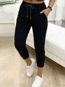 Pantalones rectos de pierna recta con cintura con cordón, bolsillos de contraste y alta elasticidad - Negro - Ver 3