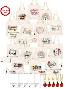 10/5/4/2pcs/1pc/Set Teacher Themed Canvas Tote Bag, Shopping Bag, Zipper Pouch, Appreciation Card, Apple Keychain Canvas Gift Set, Suitable For Back To School, Graduation, Teacher's Day, Multi-Purpose Shopping Bag, Book Bag, Stationery Pouch Set, Portable For SPA, Party, Gym, Travel, Cosmetic Organizer - Beige - View 1