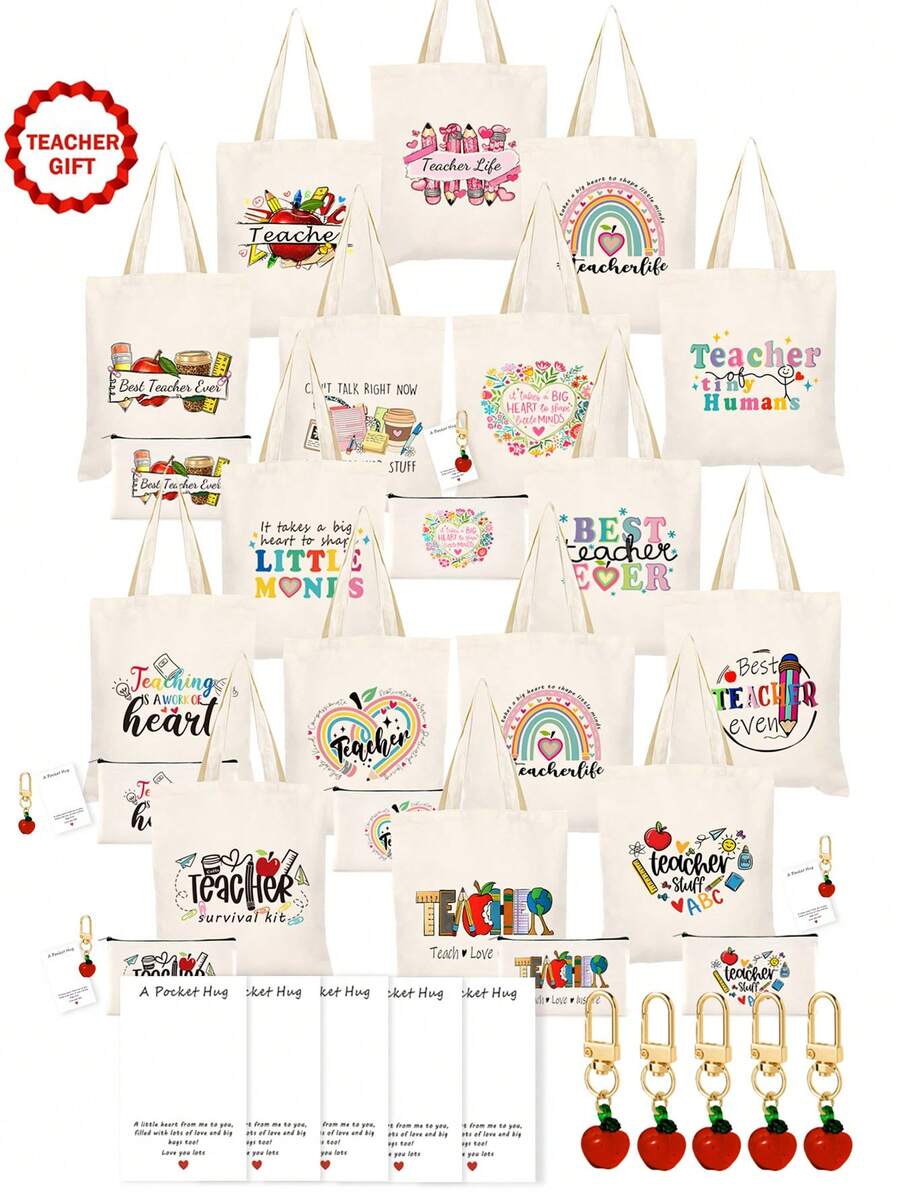 10/5/4/2pcs/1pc/Set Teacher Themed Canvas Tote Bag, Shopping Bag, Zipper Pouch, Appreciation Card, Apple Keychain Canvas Gift Set, Suitable For Back To School, Graduation, Teacher's Day, Multi-Purpose Shopping Bag, Book Bag, Stationery Pouch Set, Portable For SPA, Party, Gym, Travel, Cosmetic Organizer - Beige - View 1