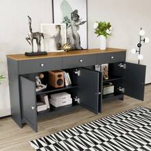 Sideboard With Gray-Black Wood Grain Four Doors Three Drawers For Living Room And Dining Room. Wood Tone And Gray-Black - Gray + Wood + MDF1 - View 8