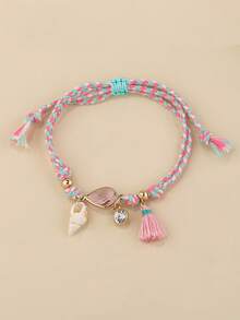 1 pieza Pulsera casual y versátil para niñas, hecha a mano con concha de plástico tejida y borlas de colores - A - Ver 7