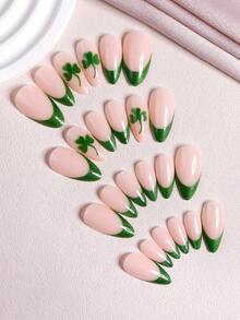 24pcs/Set St. Patrick's Day Theme Medium AlmondPress-On Nails, Green French Design With Clover Pattern, Ideal For Girls/Women Daily Wear, Festivals, Spring Nail Art - Multicolor - View 3