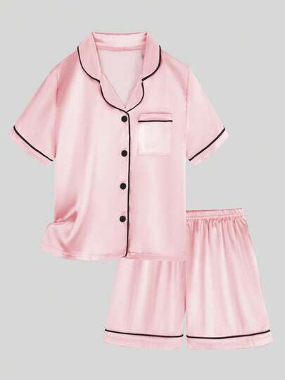 Tween Girl Color Block Kortärmad Button-Down skjorta och shorts Pyjamasset, sommar