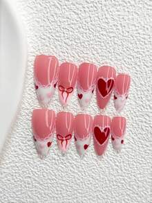10pcs Charming Blush Style Acrylic Nail Art Set, Includes Handpainted Asymmetrical Heart, Hollow Bowknot, Red Lace Decals, White Nail Polish, Suitable As Nail Art Gift For Women And Girls, Comes With Nail Tools (1 Jelly Sticker + 1 Nail File), 3 Size Options Nails Handmade Press On Nails - Nhiều màu - Xem 17