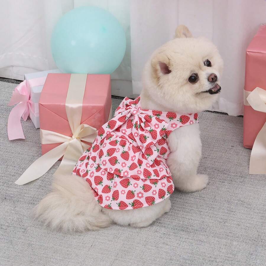 1pc Pet Dress, Dog Fashionable Cute Strawberry Print V-Neck Dress Pet Clothing - Multicolor - View 1