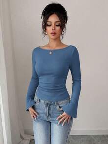Women's Spring Fall Long Sleeve Shirts Crop Going Out Tops Casual Boat Neck Bell Sleeve Ribbed Ruched Y2K Clothes - Gray Blue - View 6