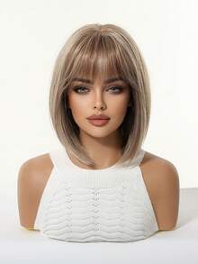 Kurze schwarze braune synthetische Naturhaarperücken für Frauen, Bob-Perücke mit Pony, hitzebeständig für Alltag, Cosplay und Partys - Leinen Gold - Übersicht 3