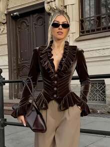 Spring New Velvet Retro Fitted Women Top - Coffee Brown - View 2