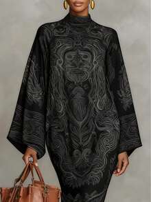 Women's Comfortable Floral Print Mandarin Collar Wide Sleeve Spring/Autumn Dress Elegant - Multicolor - View 3
