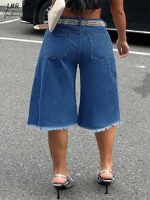 Quần lửng denim rách gấu không đối xứng dành cho nữ cỡ lớn, kiểu dáng thường ngày mùa hè. - Rửa tối - Xem 6