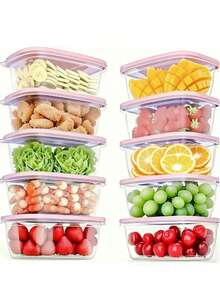 10pcs Stackable Food Storage Containers, Pink Stackable Food Storage Containers With Lids, Plastic Lunch Boxes For Grains, Meat, Fruits And Vegetables - Dishwasher And Microwave | Meal Prep Containers | Portion Containers | Storage Boxes - Pink - View 10