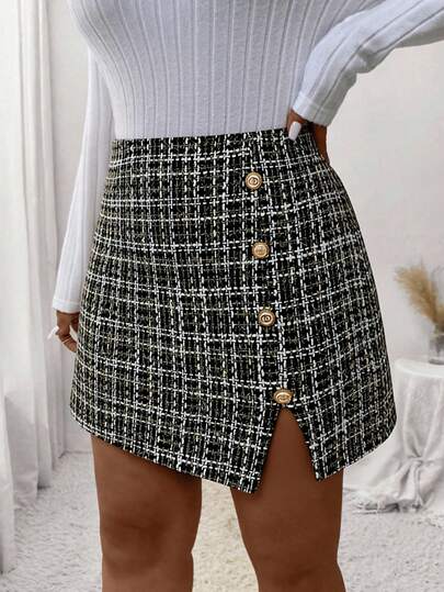 复古粗花呢格纹大码半身裙，高腰A字型纽扣开衩下摆修身迷你裙