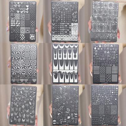 XEIJAYI 1块美甲图案打印板，30种图案，包括棋盘格和几何美甲模板，金属材质，适合专业美甲师和DIY美甲设计工具