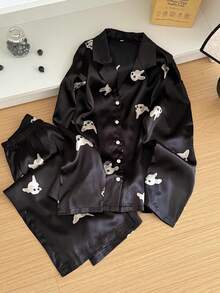 Nina Bonheur 2pcs Women Loose Button Dog Print Long Sleeve Cardigan + Elastic Waist Pants Pajama Set - Black - View 7