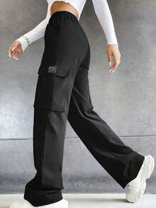 女士高腰宽松工装裤，带大口袋，光滑耐穿的休闲裤，黑色 - 黑色 - 查看 2