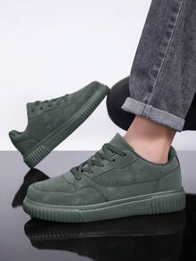 36-45 Unisex Thick Sole Lace-Up Casual Sneakers, White Shoes, Versatile Soft Bottom Student Skate Shoes, Non-Slip & Wear-Resistant - Green - View 1