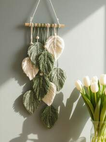 1pc Green Leaf Pattern Handmade Woven Hanging Decor Boho Style Vertical Wall Hanging Spring Botanical Theme Leaf Shape With Layered Tassel Details Soft Green And Ivory Color Palette Fresh Seasonal Decorative Accent For Spring Home Refresh Easter Style Interior Styling Suitable For Living Room Bedroom Entryway Hallway Wall Display Apartment Dorm Farmhouse Bohemian Spring Decor Photo Background - Multicolor - View 3