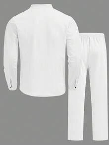 Men's Solid Color Linen Button-Up Long Sleeve Mandarin Collar Shirt And Pants, Vacation Casual Husband 2-Piece Set