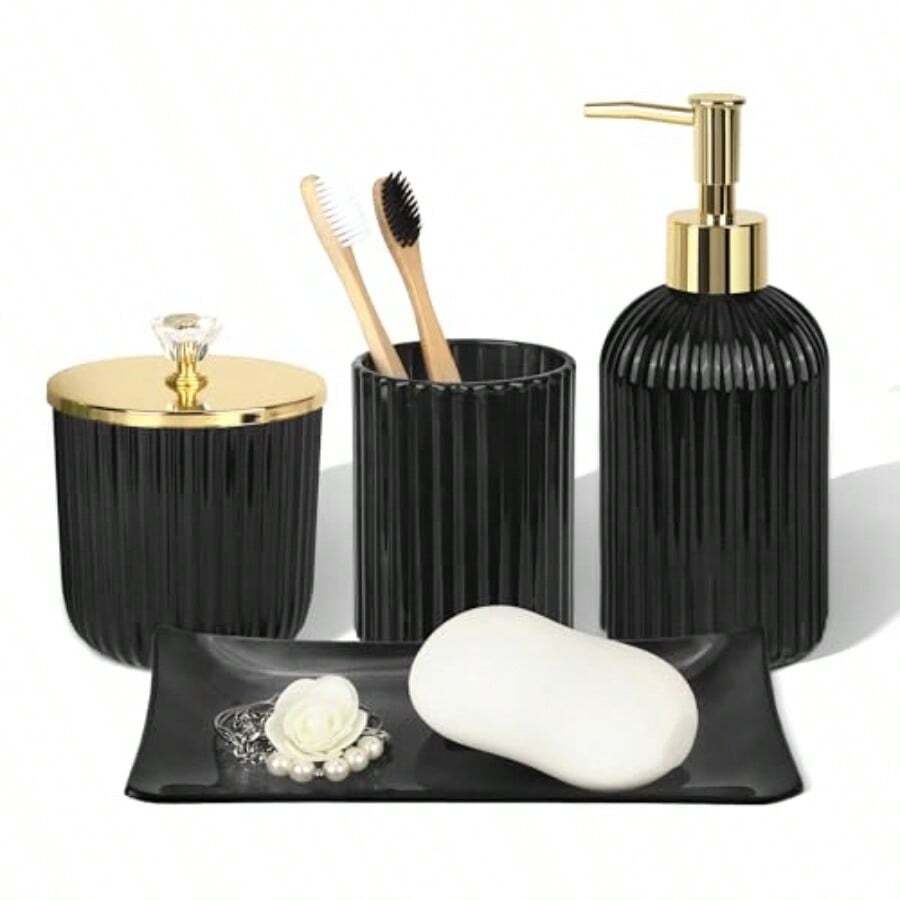 uego de accesos de baño de d negro diseño 4 piezas con dispensador de n y locion porta cepillo de dientes bandea de tocador y frasco de bo racion de baño ntage - vidrio Negro - Ver 1