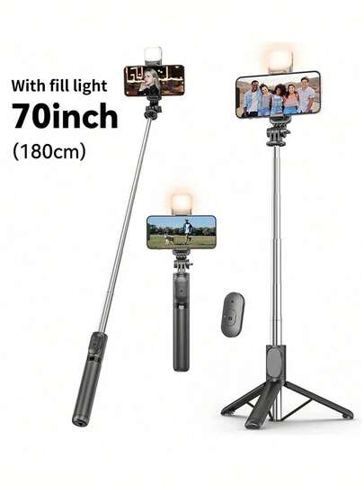 70'' Extendable Selfie Stick Tripod With Wireless Remote & Light – Porta67 Inch Selfie Stick With Reinforced Tripod - 1 Fill Lights, Multi Functional Extendable & Portable Phone Tripod With Remote,With Light,Compatible With IPhone 14 Pro Max/13/12/11 Android Smartphone Perfect For Travel, Vlog, Video And Photo Integrated For Summer Vacation, Travel, Outdoor Activities, Live Streaming, Stable Recordingble Phone Stand For Smartphones And Cell Phones