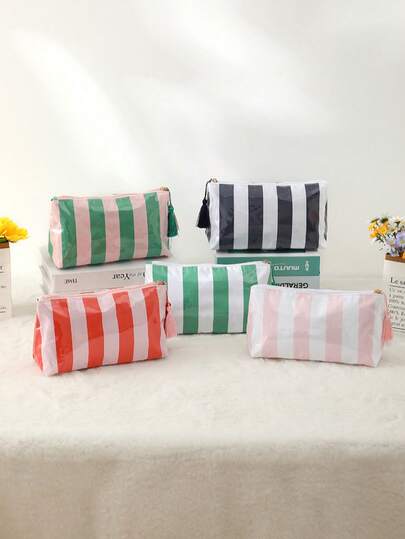 1 Piece Striped Glossy Tassel Zipper Cosmetic Bag, Large Capacity Portable Storage Bag, Travel Toiletry Bag, Daily Commuting Makeup Organizer