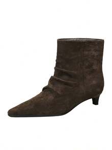 Vintage Pointed Toe Versatile Short Shaft Slim Fit Pleated Ankle Boots, Women's Fashion Boots - Dark Brown - View 12