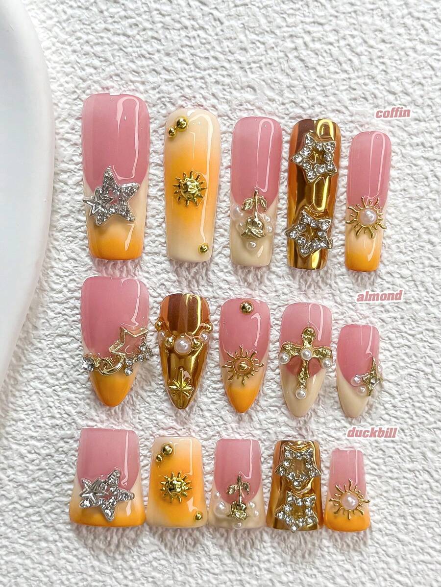 10pcs/Set Cute & Stylish Girl Style Nail Art Kit, Includes Acrylic Nail Stickers, Gold Hollow Pentagram Pendant, Diamond Studded Cross, Sun, Star, Rose Nail Decorations, Orange-Yellow Tone Nail Art, White Nail Polish, Ideal Gift For Women & Girls Nails - 彩色 - 查看 1