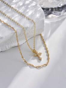 Nooxian 2件套时尚百搭金色波浪链及百搭链条叠戴十字架吊坠项链套装，女士款 - 金黃色 - 查看 3