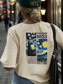 女士休闲T恤，灵感源自梵高的《星夜》和1853年的数码印花图案，舒适的春夏上衣，时尚圆领短袖，大码短袖款 - 杏色 - 查看 8