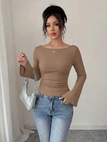 Women's Spring Fall Long Sleeve Shirts Crop Going Out Tops Casual Boat Neck Bell Sleeve Ribbed Ruched Y2K Clothes - Light Brown - View 7