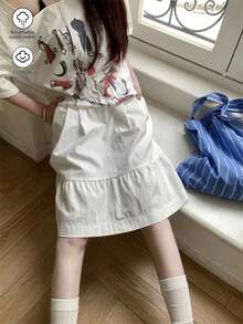 Rikumo 日系休闲黑色A字裙，带口袋，简约设计，显年轻。 - 白色 - 查看 4