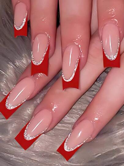 24片长棺材形红色法式美甲贴纸，提升您的时尚品味！简约独特风格，可重复使用。套装包含1瓶果冻胶和1把指甲锉，适合女性和女孩日常佩戴或参加派对。