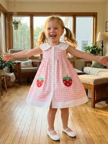 Toddler Girls Strawberry Dress Strawberry Embroidery Doll Collar Sleeveless Princess Dresses Checkered Pattern Layered A-Line Tank Skirt For Baptism Wedding Birthday Party - 粉色 - 查看 8
