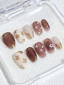 10 miếng dán móng tay nghệ thuật ngắn kiểu Pháp tối giản, thanh lịch, vẽ tay hình hoa vàng, màu be nhạt, hiệu ứng nhuộm tie-dye, đính ngọc trai giả 3D, kích thước nhỏ. - Nhiều màu - Xem 3