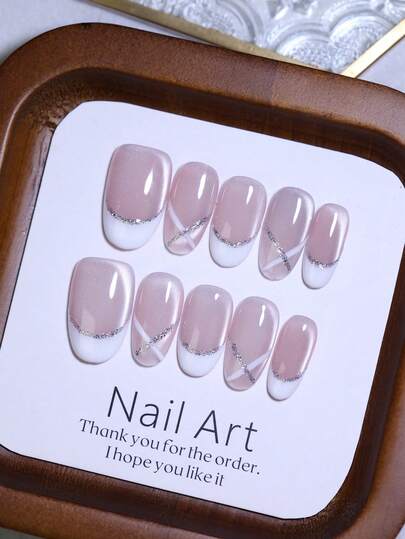 10pcs Oval Short High Glossy Nude Pink & White Cat Eye 100% Handmade Press On Nails Silvery Shiny Line Decoration Simple Elegant French Style Nail Art Design For Women And Girls Daily Life Nail Beauty Nail Supplies