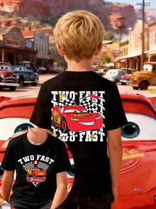 Disney Boys' T-Shirt Featuring A Creative Cartoon Print Of Lightning McQueen From Cars. Made From Soft, Comfortable, And Breathable Fabric, It's Perfect For Everyday Wear, Outings, And Activities-Making It An Ideal Gift For Kids. - 黑色 - 查看 1