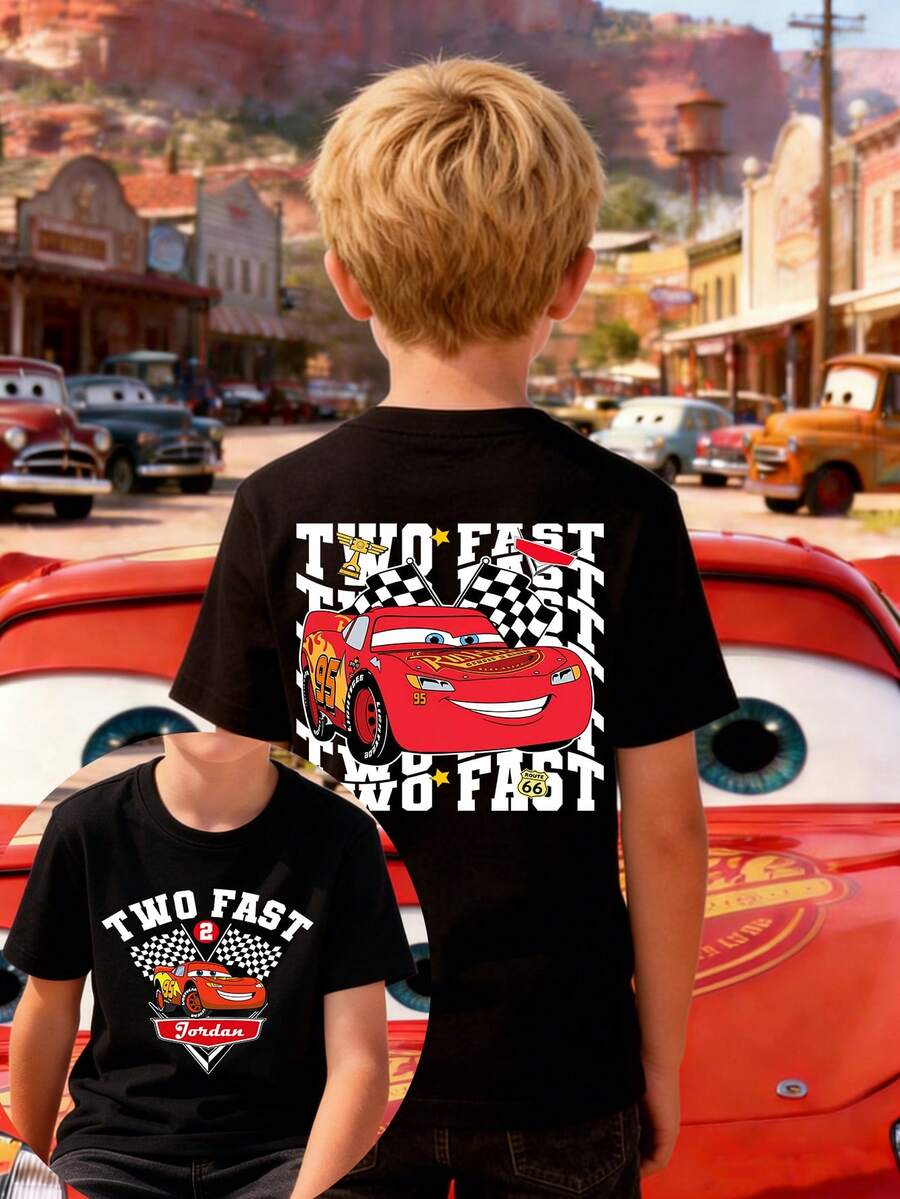 Disney Boys' T-Shirt Featuring A Creative Cartoon Print Of Lightning McQueen From Cars. Made From Soft, Comfortable, And Breathable Fabric, It's Perfect For Everyday Wear, Outings, And Activities-Making It An Ideal Gift For Kids. - 黑色 - 查看 1