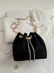 1pc Fashionable Solid Color Chain Strap Mini Bucket Shoulder Crossbody Bag - Black - View 6