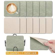 16pcs Coasters + 1pc Coaster Holder - Glass Coasters And Drink Coasters, Double-Sided Coasters, Non-Slip Coasters, Faux Leather Coasters, Leather-Style Coasters, Made Of High-Quality Faux Leather And Synthetic Leather, Suitable For Desktop Protection - Multicolor - View 14