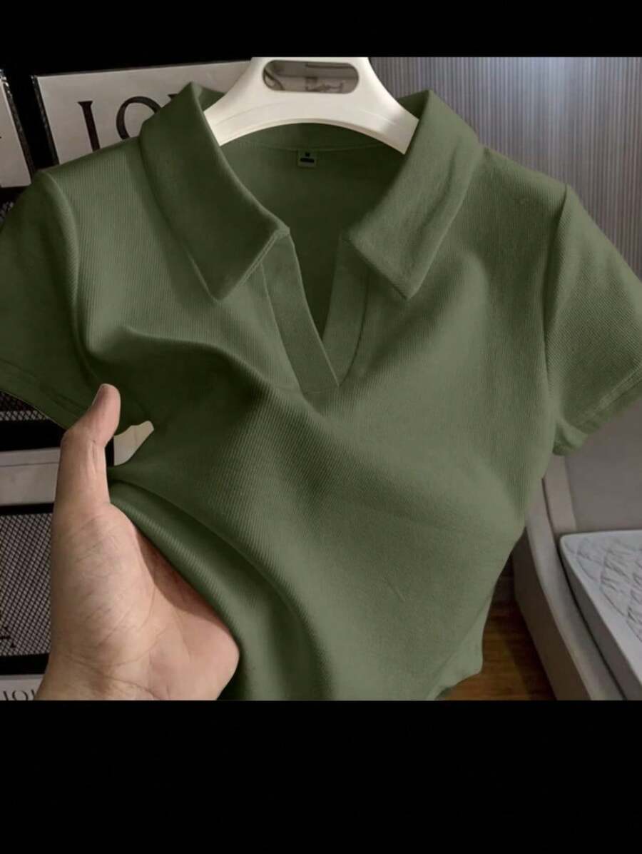 Women's Short-Sleeved Cotton Polo Shirt - màu xanh lá - Xem 1